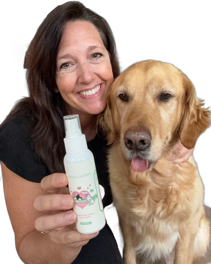 A happy dog owner holding DentaClean next to her golden retriever